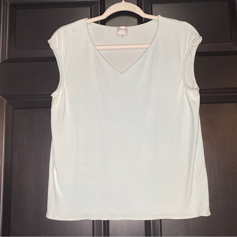 Vintage Armani Collezioni Cap Sleeve V Neck Top Light Blue Color Size 14